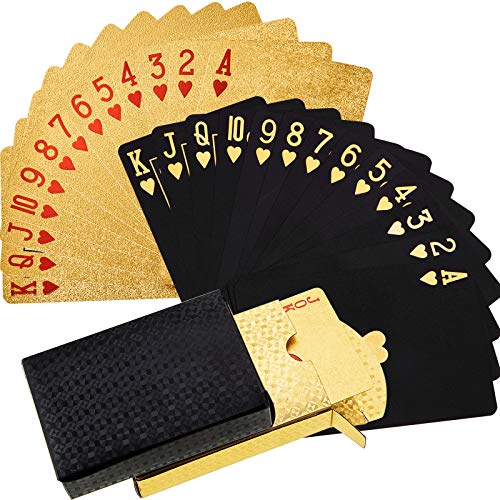 2 Barajas Cartas de Juego Cartas de Poker Impermeables Tarjeta de Poker Pet de Plástico Herramientas de Juego de Póquer Novedad para Fiesta de Juego de Familia (Negro y Dorado)