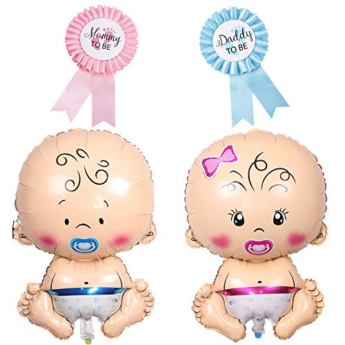 2 Piezas Globo de Aluminio Bebé Niño Niña Gigante Globo de Helio con 2 Piezas Insignia Broche Arco Mommy to be Daddy to Be, Decoración de Fiesta de Baby Shower Bienvenida de Bebe