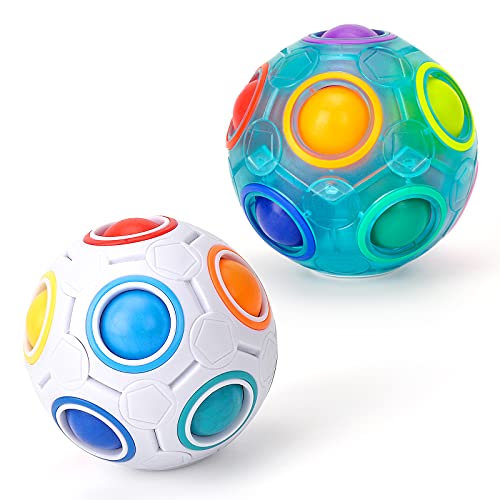 2 Piezas Magic Rainbow Ball, TOYESS Spherical Cube Juguete Rainbow Puzzle Ball para Niños y Adultos, Stress Relief, Llenadores de Bolsos para Navidad (Blanco+Azul)