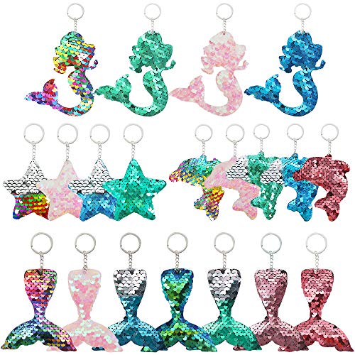 20 Piezas de Llaveros con Lentejuelas Reflectantes de Dos Caras Reversibles en Forma de Sirena Estrella Delfín Cola de Sirena Favores de Fiesta Regalos para Fiestas Cumpleaños de Niños 4 Tipos