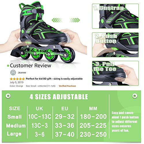 2pm Sports Torinx - Patines en línea ajustables, color verde y negro, unisex, para niños y adultos, verde, Medium - Big Kids(1-4UK)