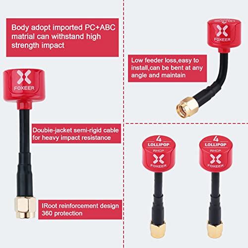 2pz Foxeer Lollipop FPV Antenna 5.8G 2.3dBi RHCP Super Mini TX Antenna RX RP-SMA Maschio per RC FPV Drone (Rosso)