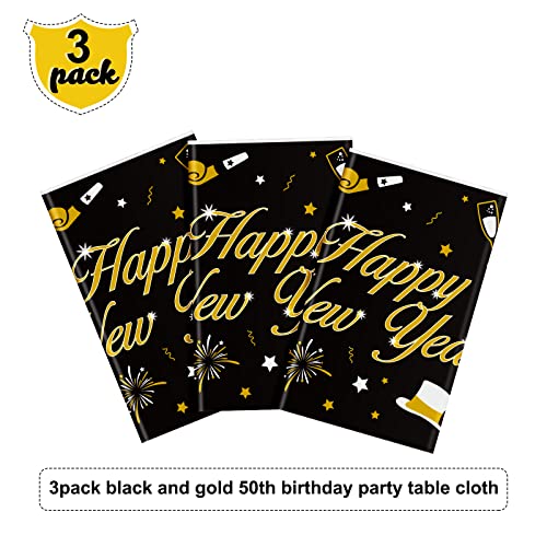 3 Manteles Cubiertas de Mesa de Happy New Year Cubiertas de Mesa Desechables de Plástico Negro y Dorado Bandera de Año Nuevo para Suministros Decoración de 54 x 108 Pulgadas