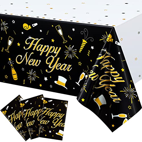 3 Manteles Cubiertas de Mesa de Happy New Year Cubiertas de Mesa Desechables de Plástico Negro y Dorado Bandera de Año Nuevo para Suministros Decoración de 54 x 108 Pulgadas