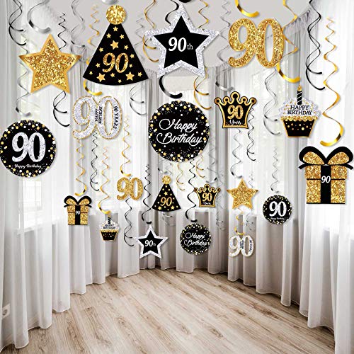 30 Piezas Remolinos Colgantes Brillante de Celebración de Cumpleaños 90, Decoraciones de Techo y Tarjetas Decorativas de Fiesta de Cumpleaños 90 Decoraciones de Fiesta de Cumpleaños 90