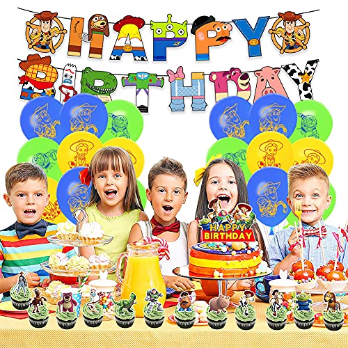 32 PCS Niños Decoración Cumpleaños, Toy Story Artículos Fiestas Set Happy Birthday Banner Tartas Adornos Látex Globos Adecuado para Decoración Fiestas Toy Story Temáticas