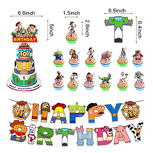 32 PCS Niños Decoración Cumpleaños, Toy Story Artículos Fiestas Set Happy Birthday Banner Tartas Adornos Látex Globos Adecuado para Decoración Fiestas Toy Story Temáticas