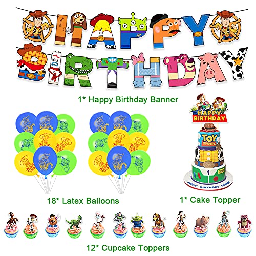 32 PCS Niños Decoración Cumpleaños, Toy Story Artículos Fiestas Set Happy Birthday Banner Tartas Adornos Látex Globos Adecuado para Decoración Fiestas Toy Story Temáticas