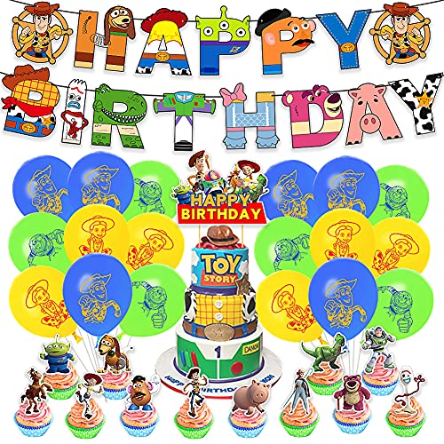 32 PCS Niños Decoración Cumpleaños, Toy Story Artículos Fiestas Set Happy Birthday Banner Tartas Adornos Látex Globos Adecuado para Decoración Fiestas Toy Story Temáticas