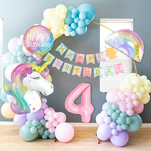 4 años Unicorn Decoracion Cumpleaños Niña, Fiestas Infantiles Decoracion, Globos Unicornio Cumpleaños, Número 4 Foil Globo, Foil Rainbow y Globos de Látex para Niños Fiesta Unicornio