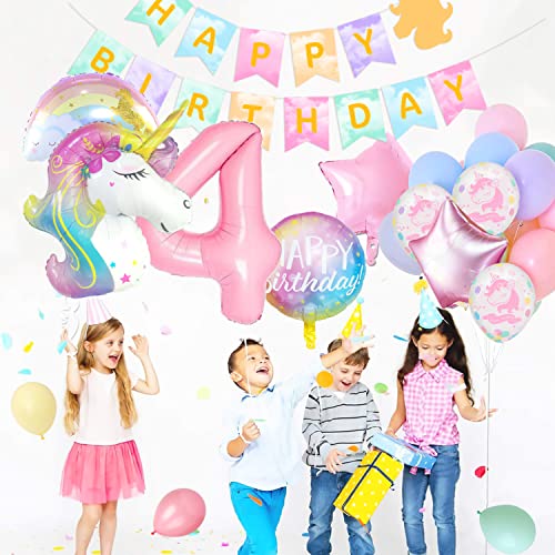 4 años Unicorn Decoracion Cumpleaños Niña, Fiestas Infantiles Decoracion, Globos Unicornio Cumpleaños, Número 4 Foil Globo, Foil Rainbow y Globos de Látex para Niños Fiesta Unicornio