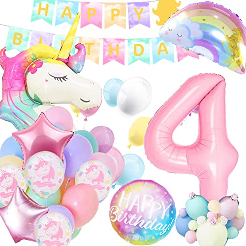 4 años Unicorn Decoracion Cumpleaños Niña, Fiestas Infantiles Decoracion, Globos Unicornio Cumpleaños, Número 4 Foil Globo, Foil Rainbow y Globos de Látex para Niños Fiesta Unicornio