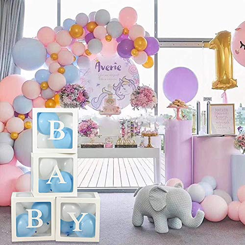 4 Cajas Cajas para Baby Shower Decoración para Fiestas, Transparentes para Globos con Letras en Inglés para Revelar el Sexo del Bebé (Blanco)