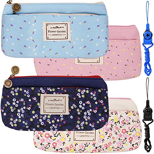 4 paquetes de flores florales Canvas Pen lápiz bolsas, FineGood papelería bolsas con doble cremallera para estudiantes la escuela niños, con 2 Cuelgue Cuerdas - azul oscuro, azul claro, rosa, crema