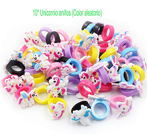 40 Pcs Regalitos Fiesta Cumpleaños Favores Infantiles - Unicornio llaveros & Pulsera & Anillo de Silicona, Tatuajes Temporales, Broche de joyería, Goma de Pelo de Unicornio para Niños Niña