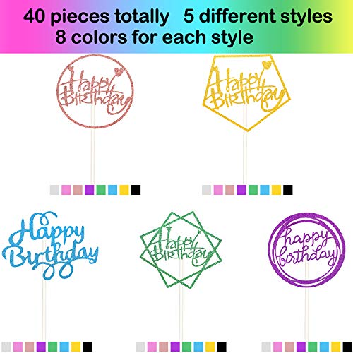 40 Piezas Toppers de Pastel de Happy Birthday Topper de Magdalena de Cumpleaños con Brillos Decoraciones de Palillo de Pastel Colores Variados para Postres Pasteles de Fiestas, 5 Estilos