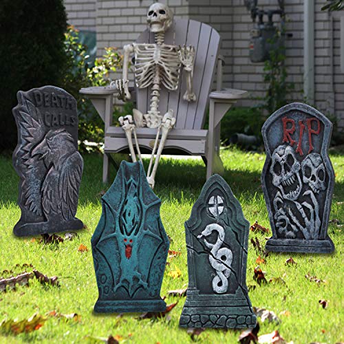 43 cm Lápida Sepulcral de Espuma para Halloween (6 Piezas), Lápida con Diferentes Estilos y Estacas de Metal Adicionales para Decoraciones de Jardín de Halloween