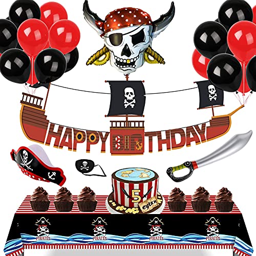 48x Barco pirata Decoraciones de cumpleaños para niños - Sea Rover Pancarta de feliz cumpleaños, Mantel de piratas, Gorra & Parche en el ojo & Espada-globo para Cosplay, Detalles Fiesta de Infantiles