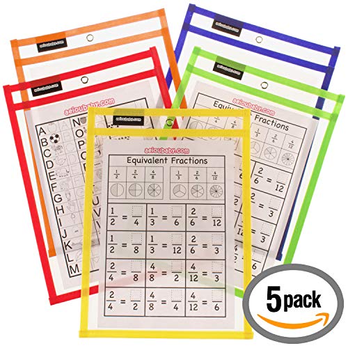 5 Fundas Fichas Reutilizables Papel A4 | Dry Erase Pockets Tamaño Grande 36x26cm | PET Reciclable Ecológico | 5 Colores,5 Rotuladores,Borrador y Globo | Material Escolar,Colegio,Guardería,Ludoteca