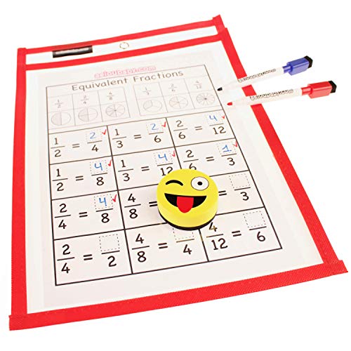 5 Fundas Fichas Reutilizables Papel A4 | Dry Erase Pockets Tamaño Grande 36x26cm | PET Reciclable Ecológico | 5 Colores,5 Rotuladores,Borrador y Globo | Material Escolar,Colegio,Guardería,Ludoteca