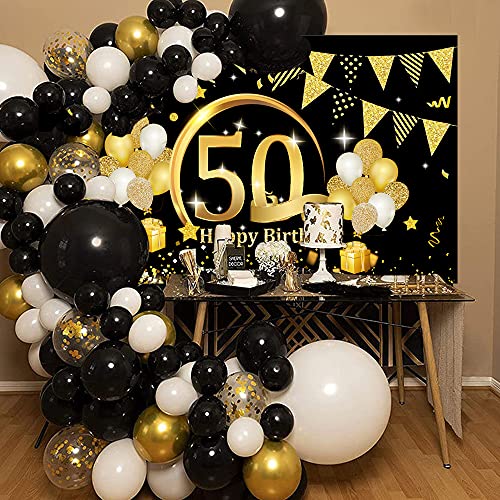 50 Años Decoración de Fiesta de Cumpleaños de Oro Negro, 50 Pancarta Feliz Cumpleaños Fondo Foto Cumpleaños, Póster de Tela Cartel Extra Grande para Hombre Mujer Materiales de Fiesta de Cumpleaños