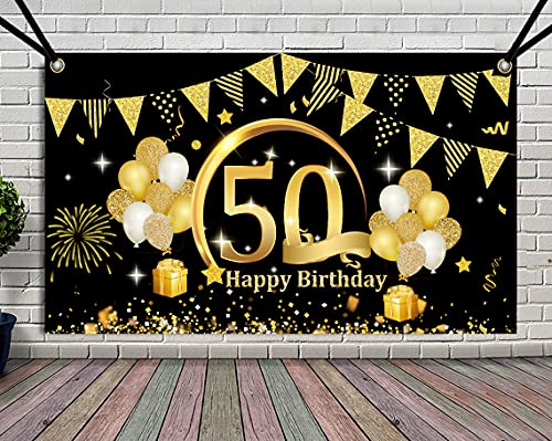 50 Años Decoración de Fiesta de Cumpleaños de Oro Negro, 50 Pancarta Feliz Cumpleaños Fondo Foto Cumpleaños, Póster de Tela Cartel Extra Grande para Hombre Mujer Materiales de Fiesta de Cumpleaños