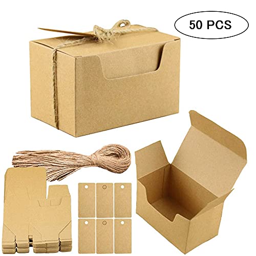 50 Piezas Kraft Papel Cajas De Regalo Papel, Cajas De Cartón Kraft Marrón, Cajas Kraft Marrón Para Fiestas, Con Etiquetas De Regalo y Cuerda De Cáñamo Para Fiestas Galletas Joyas Regalo, 10 x 6 x 6cm