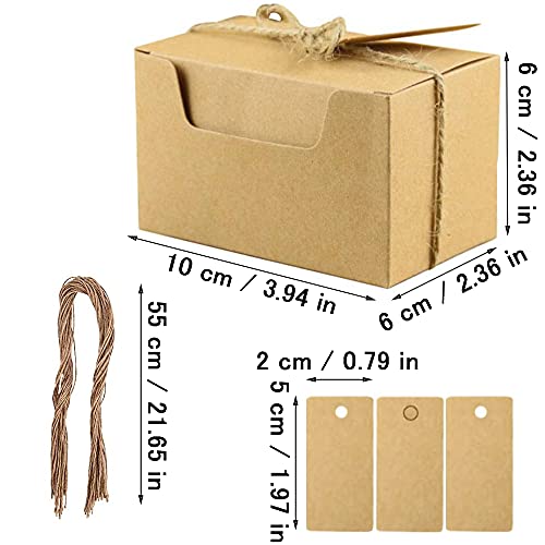 50 Piezas Kraft Papel Cajas De Regalo Papel, Cajas De Cartón Kraft Marrón, Cajas Kraft Marrón Para Fiestas, Con Etiquetas De Regalo y Cuerda De Cáñamo Para Fiestas Galletas Joyas Regalo, 10 x 6 x 6cm