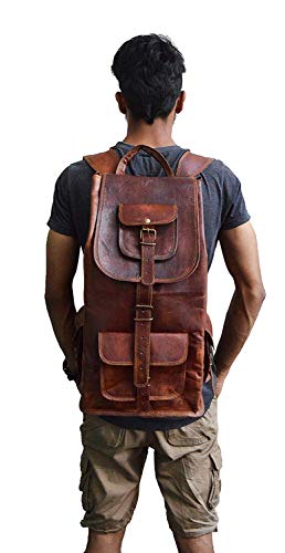 53 Cm Mochila Backpack Salveque Morral Valija De Cuero Piel Marrón para Portátil Ordenador, Impermiable Casual Espalda Uso Escolar Senderismo Viaje Regalo Hombres Mujeres Leather