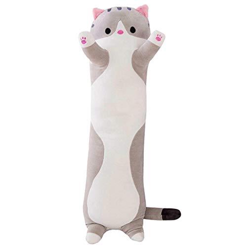 88AMZ Almohada Suave de Gato para Dormir, Suave y Lindo Almohada Larga de Gato, MuñEco de Peluche Bonito, Almohada en Peluche Gatito, Regalo de Juguete para NiñOs, Novia (Gray, 70CM)