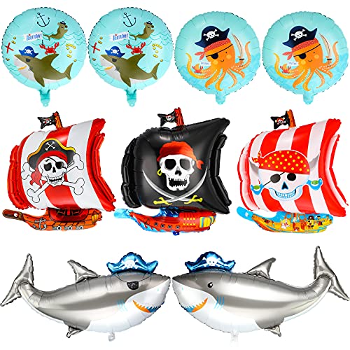 9 Globos de Mylar de Barco Pirata Globos Redondos de Papel Aluminio de Pirata de 18 Pulgadas Globo de Tiburón Animal de Océano de 2 Caras Globo de Patrón de Calamar Esqueleto