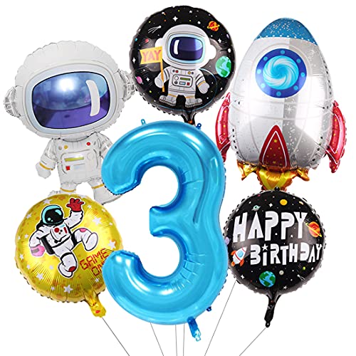 Aabellay Globos de astronauta con forma de cohete para decoración de fiestas de cumpleaños, papel de aluminio, número de helio global para niños y fiestas, color azul 3