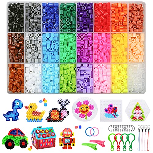 Abalorios Cuentas para Planchar, 4300 Plásticos Abalorios y Cuentas para Planchar de 24 Colores Perlas DIY Manualidad Incluye Placas y Accesorios Fiesta Cumpleaños Niños, 5mm