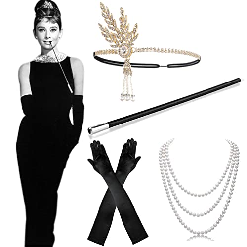 Accesorios de los años 20 Disfraz Mujer Flapper Set, Accesorios de los años 20 Mujer Disfraz de Halloween Vestido Gran disfraz de Gatsby retro Accesorios para Halloween Navidad Fiesta de año nuevo