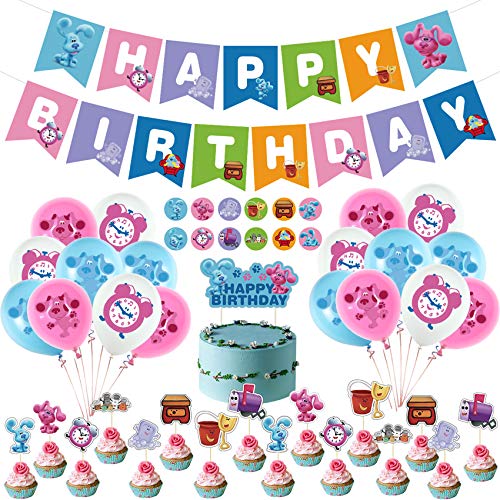 Accesorios para fiesta de cumpleaños de Blues Clues, decoración de fiestas, juego con blues Clues Happy Birthday Banner Pastel Cupcake Toppers Globos adhesivos para niñas niños