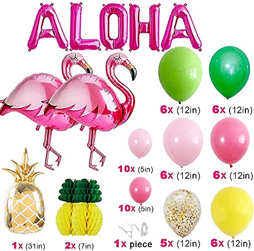 AcnA Decoracion Hawaiana Fiesta, Hawaiana Tropical Fiesta Decoración Aloha Pancarta Hawaiano Cumpleaños Globos Verano con Flamenco de piña Globos para Luau Fiesta hawaiana Decoraciones de la Selva