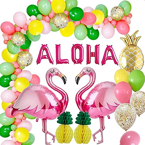 AcnA Decoracion Hawaiana Fiesta, Hawaiana Tropical Fiesta Decoración Aloha Pancarta Hawaiano Cumpleaños Globos Verano con Flamenco de piña Globos para Luau Fiesta hawaiana Decoraciones de la Selva