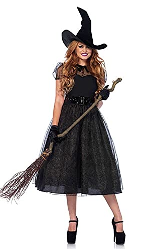 Adulto Disfraz de Bruja Negra para Mujer Disfraz de Halloween Cosplay Carnaval Vampiresa Vestido Vestido de Fantasía Traje de Fiesta con Sombrero para Adulto