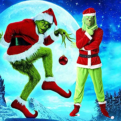 Adulto Grinch Green Cómo el Grinch robó el traje de Navidad Conjunto de disfraz divertido de Navidad con máscara Traje de monstruo verde