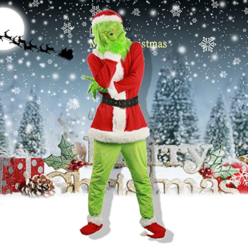 Adulto Grinch Green Cómo el Grinch robó el traje de Navidad Conjunto de disfraz divertido de Navidad con máscara Traje de monstruo verde