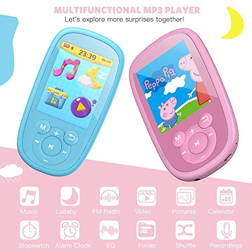 AGPTEK Reproductor Mp3 Bluetooth para Niños, K2 MP3 Niños con HD Pantalla de 2.4 Pulgada, Altavoz Interna, Ruido Blanco y Radio FM, Rosa