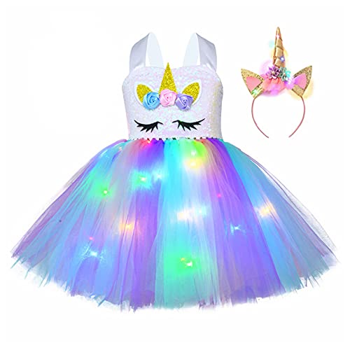 AJEUNGAIN Disfraz Unicornio Niña para Fiesta de Princesa Unicornio Cumpleaños con Luces LED