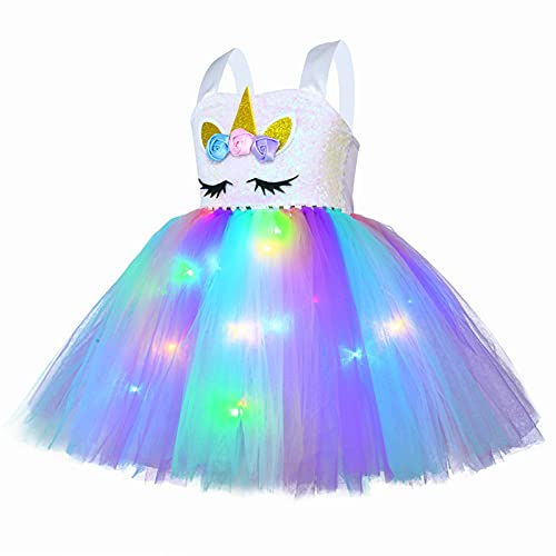 AJEUNGAIN Disfraz Unicornio Niña para Fiesta de Princesa Unicornio Cumpleaños con Luces LED