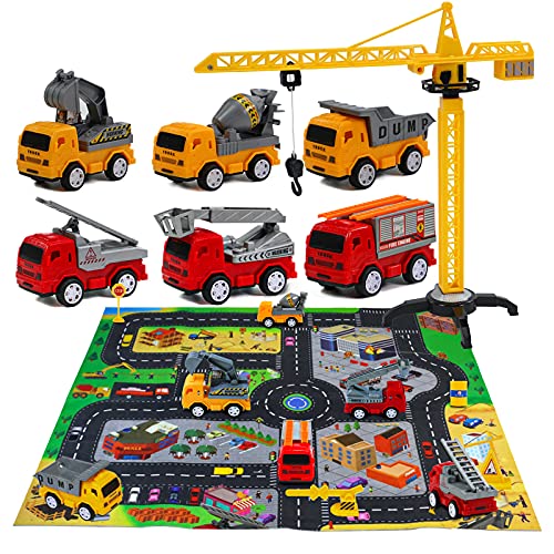 Akokie Coches de Juguetes Tractor Juguete Juegos de Construcción con Tapete de Juego Regalos para Niños 3 4 5 6 Años 6 Coches incluidos Tractores Excavadora Camion Grua de Juguete