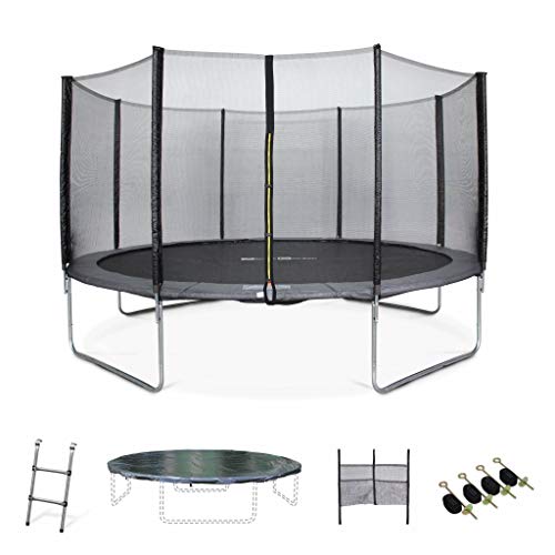 Alice's Garden Cama elástica, Trampolín de 430 cm, aguanta hasta 150 kg (Estructura Reforzada). Incluye: Escalera + Funda Protectora + Bolsillo para Zapatos + Kit de Anclaje - Venus XXL