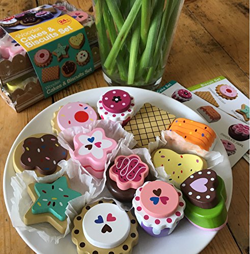 Alimento de juguete, Selección de 6 Galletas de Madera y 6 tortas de madera , (12 piezas) con la selección y cartón resistente bandeja de papel