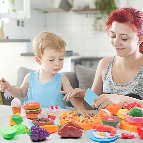 Alimentos de Juguete, Niños Cortando Juguetes con Cesta, Corte de Frutas y Alimentos Falsos, Comida de Juguete Multicolor para Niños Pequeños, Juguete Educativo para Desmontar y Ensamblar La Edad 3+