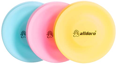 alldoro 63058 - Juego de 6 Discos de Lanzamiento (6,5 cm de diámetro, Silicona Suave, Alcance de hasta 60 m, para niños, Adultos y Perros, Amarillo, Rosa, Naranja y Azul)