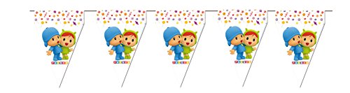 ALMACENESADAN 0769, Pack decoración Especial para Fiestas y cumpleaños Pocoyo y Nina; 6 caretas Pocoyo, 6 caretas Nina, 12 Conos Pocoyo y Nina, 16 Globos y 2 banderines (3 Metros Cada uno)