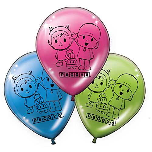 ALMACENESADAN 0769, Pack decoración Especial para Fiestas y cumpleaños Pocoyo y Nina; 6 caretas Pocoyo, 6 caretas Nina, 12 Conos Pocoyo y Nina, 16 Globos y 2 banderines (3 Metros Cada uno)